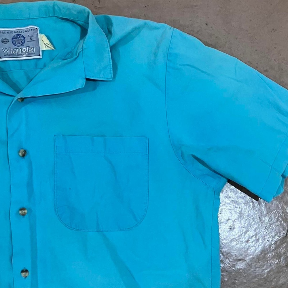Vintage 90s Turquoise Blue Short Sleeve Star Patch Button Up - Picture 2 of 5